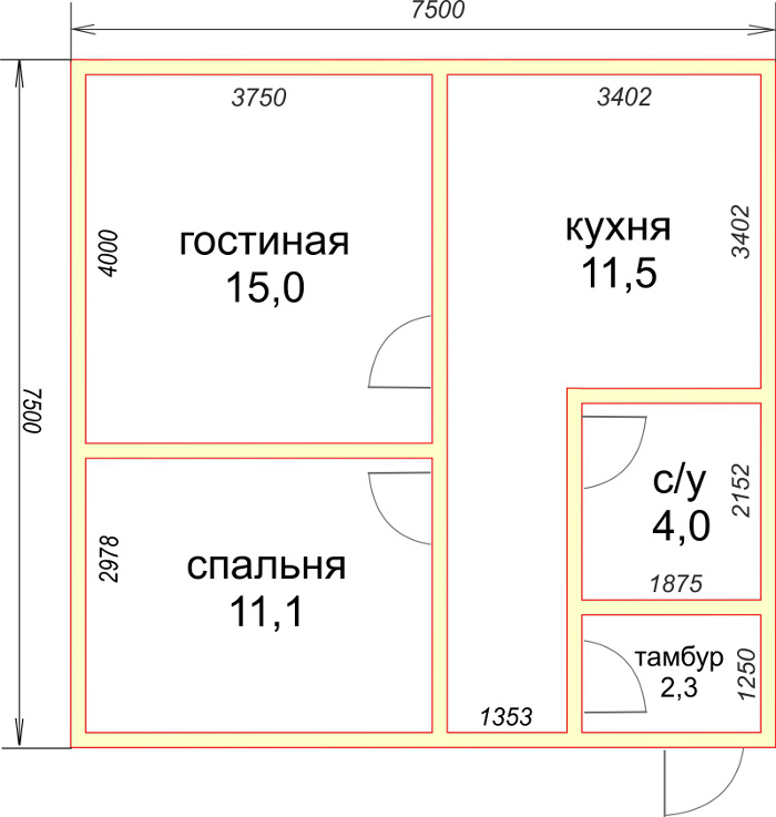 Проект 1-этажного дома 7,5х7,5 метров