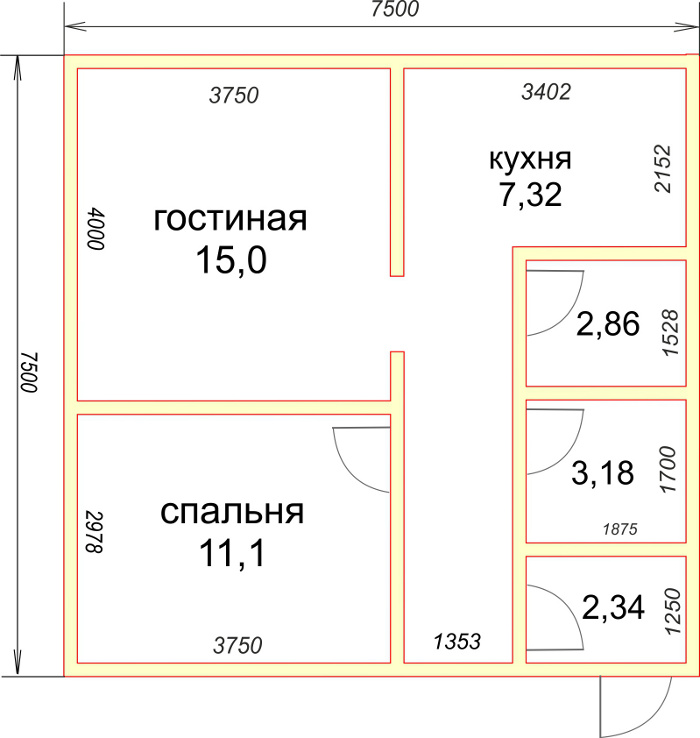 Проект 1-этажного дома 7,5х7,5 метров